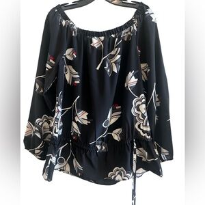 White House Black Market Black and White Floral Off-Shoulder Peasant Blouse